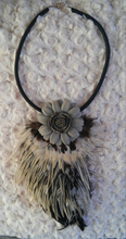 Feather necklace with paper and beaded focal point